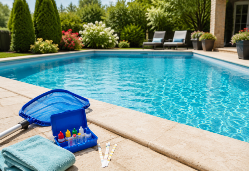 Piscina pronta para o verão com kit de manutenção e água limpa